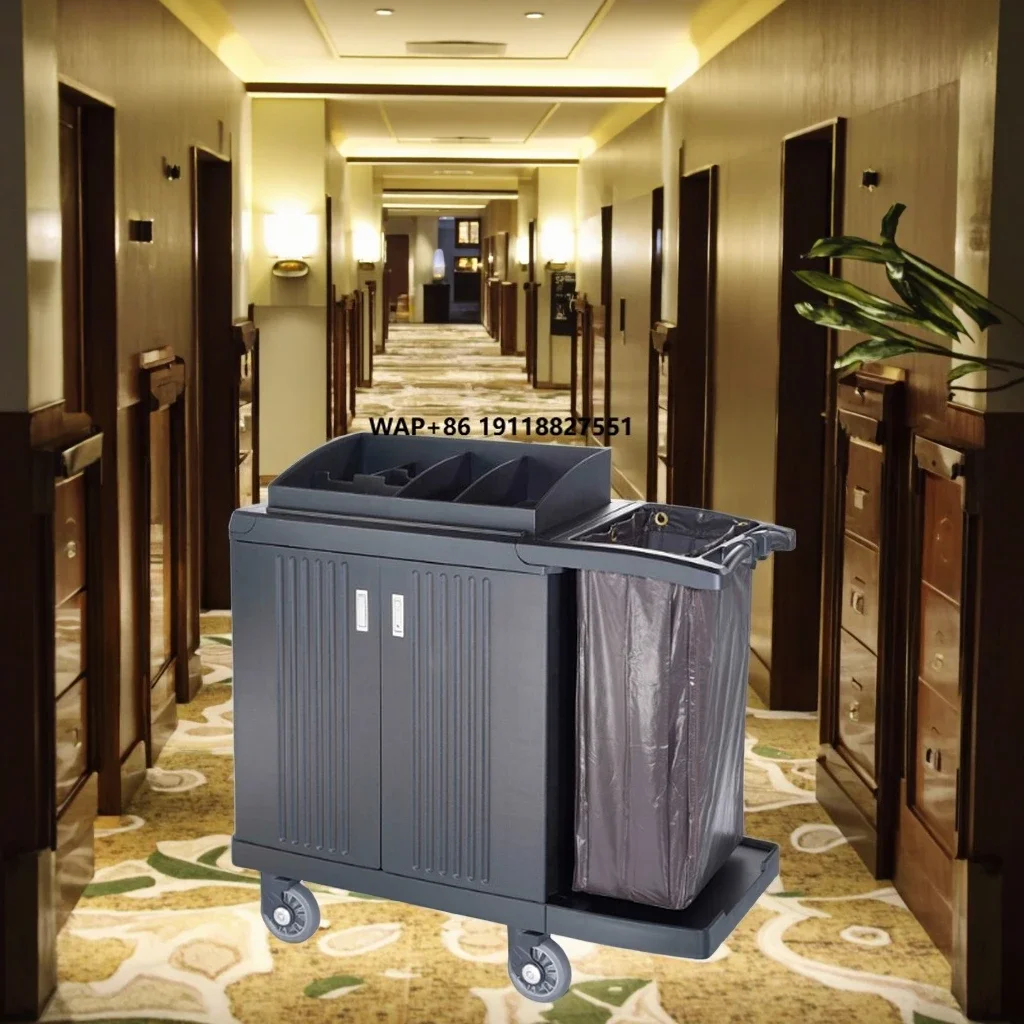 

Multi-Purpose Hotel Room Utility Cleaning Trolley Cart with Vinyl Bag Plastic Housekeeping Cart for Laundry Use