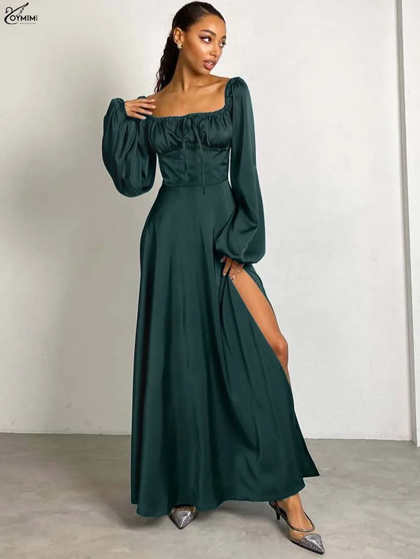 

Oymimi Fashion Green Satin Dresses 2025 Woman Elegant Square Neck Long Sleeve Lace-Up Dress Casual Sdie Slit Floor-Length Dress