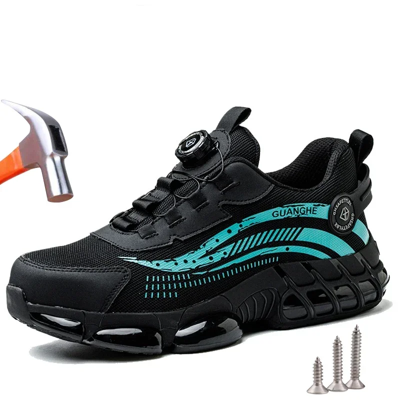 Sapatos de trabalho masculinos fivela rotativa tênis de trabalho sapatos de proteção segurança industrial à prova de punctura anti-esmagamento sapatos de dedo do pé de aço