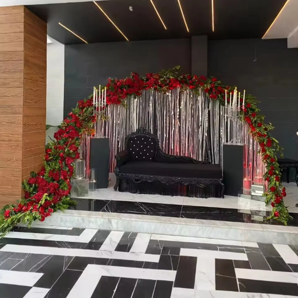 

Элегантная серебряная свадебная арка из нержавеющей стали, изысканная изогнутая занавеска из бисера, рамка для украшения вечеринки, сцены, церкви