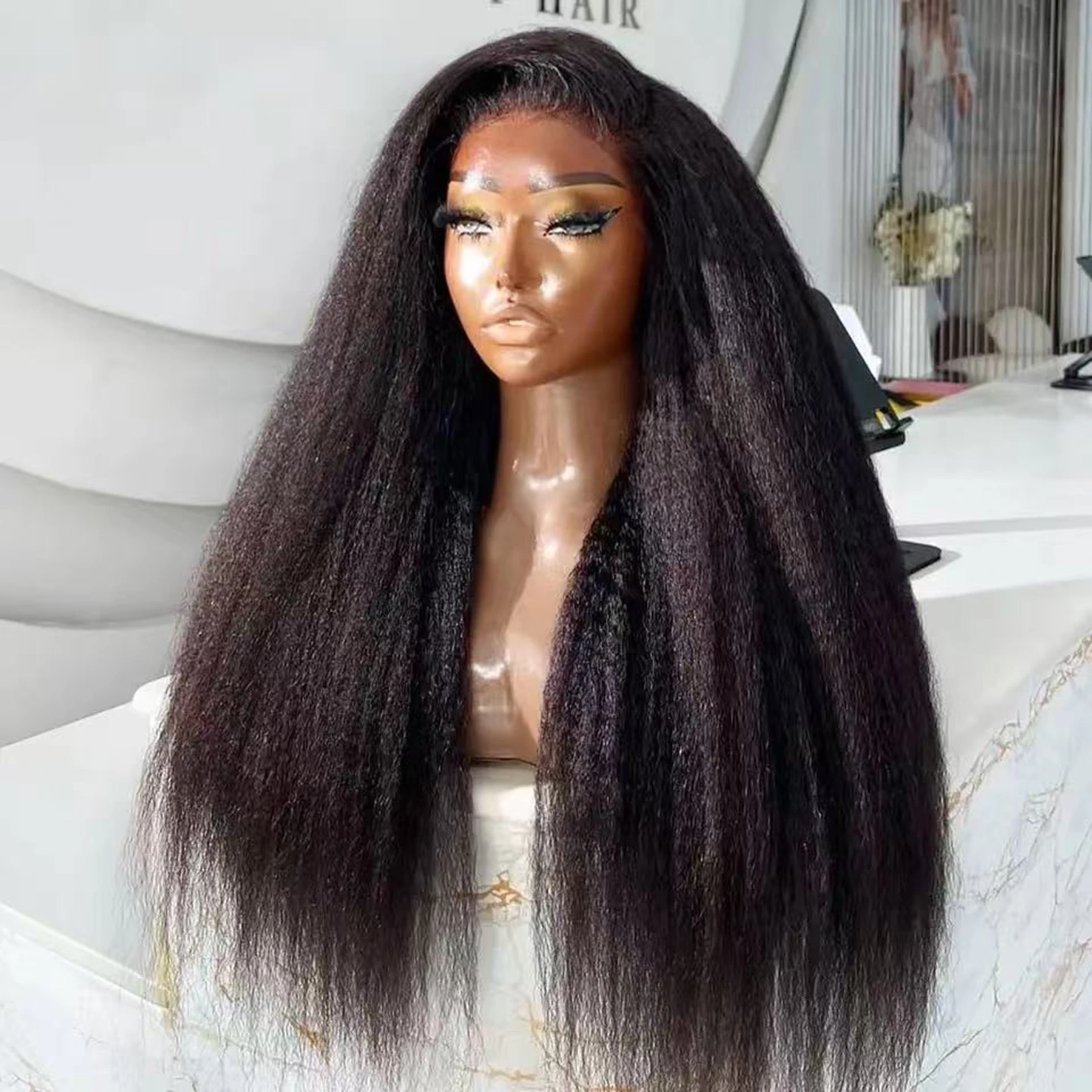 

Yaki Kinky Straight Black Color Synthetic 13X4 HD Lace Frontal Wig For Women Prepucked Bleached Knots Glueless Wig Daily Party