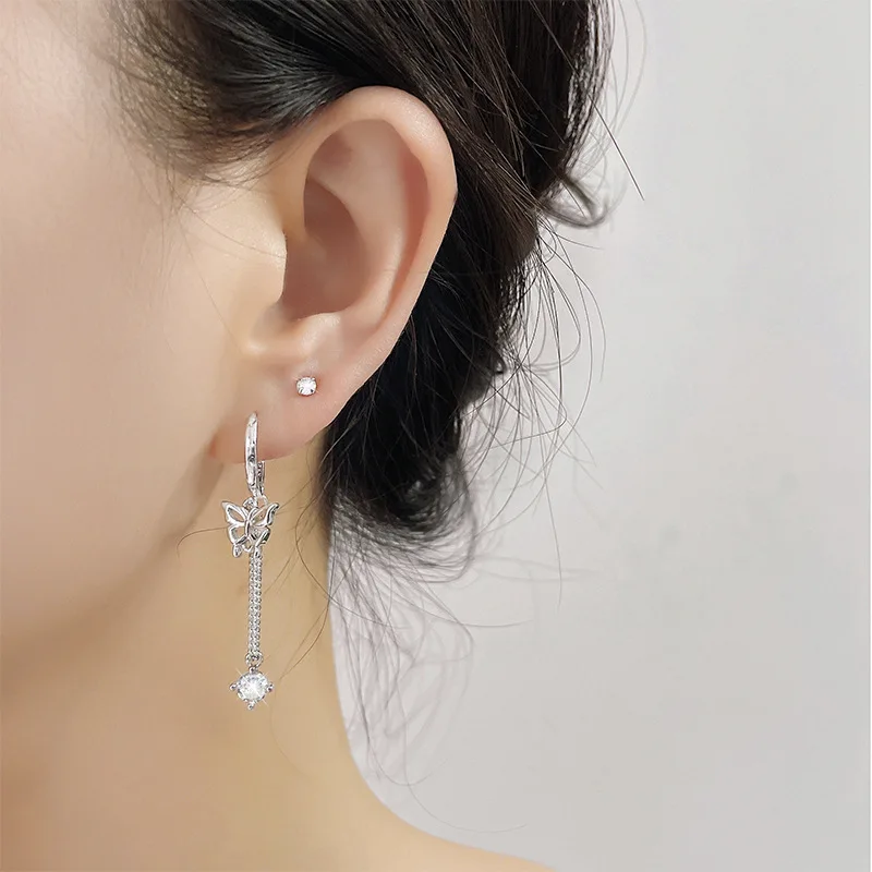 CIAXY Silver Color Butterfly Ear Buckle Flash Zircon Tassel Chain Cute Earrings Super Fairy Fashion Jewelry aretes de mujer