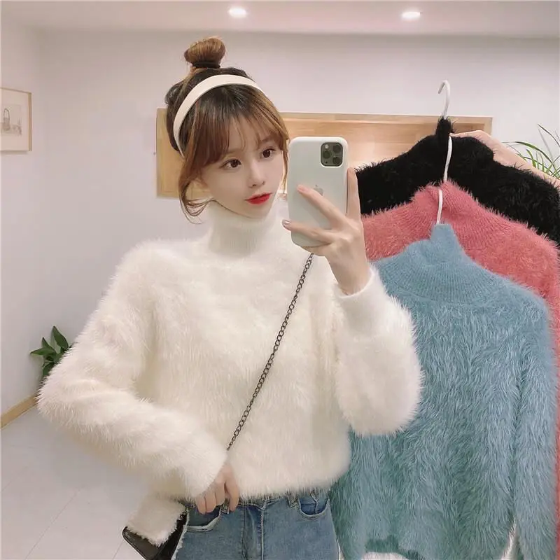 

Autumn Winter Clothing New Women Sweater Mink Cashmere High Neck Knitted Pullover Korean Fashion Solid Soft Women's Top Q732