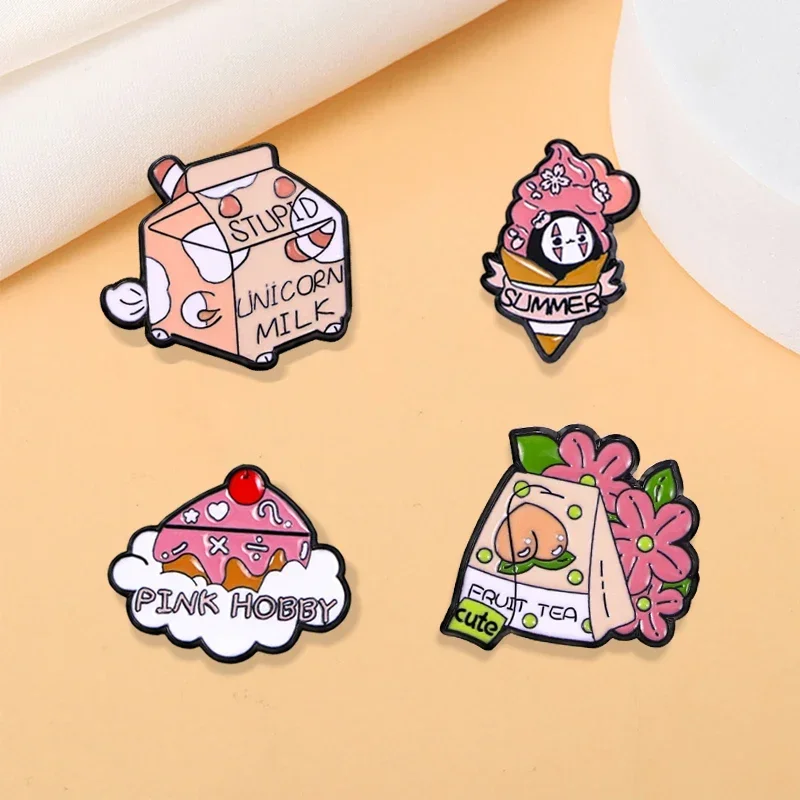 Cute Pink Food Collection Enamel Pins Stupid Unicorn Milk Hobby Cake Fruit Tea Summer Ice Cream Shaped Brooches For Women