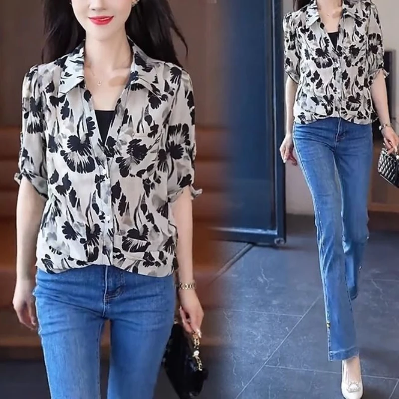 2024 New Summer Chinese Style Fashion Fake Two Pieces Short Sleeved Blouses Printed Polo Collar Patchwork Women\'s Shirt Top