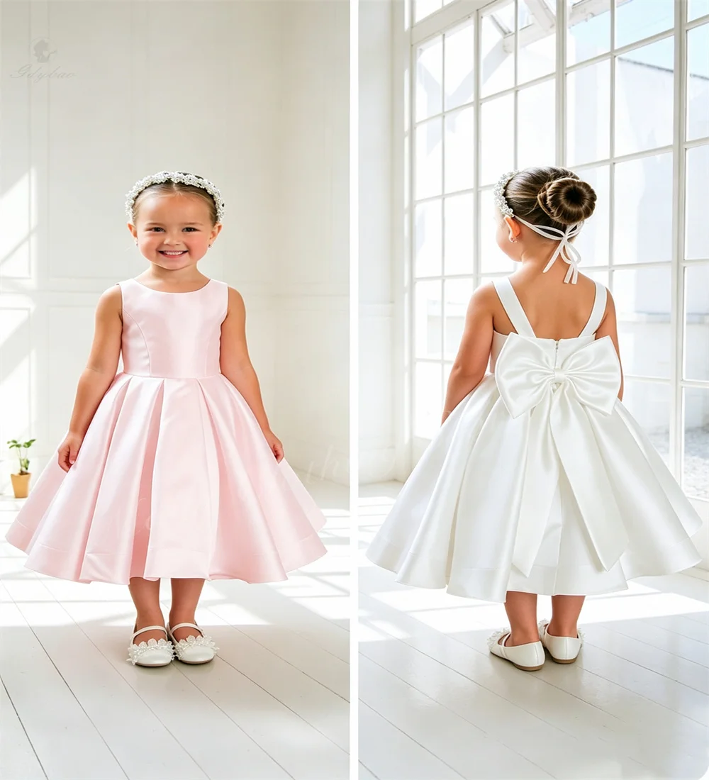 White Satin with Bow Ruffles Flower Girl Dress Backless Wedding Bridesmaid Dress Kids Party Gown First Birthday Frock Vestidos