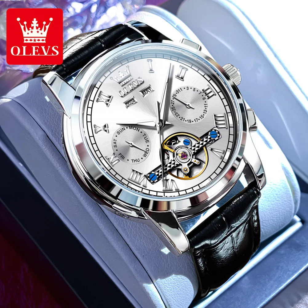 OLEVS 2024 New Automatic Men\'s Watches Fashion Skeleton Mechanical Wrist Watch for Men Luxury Multifunction Business Man Watch