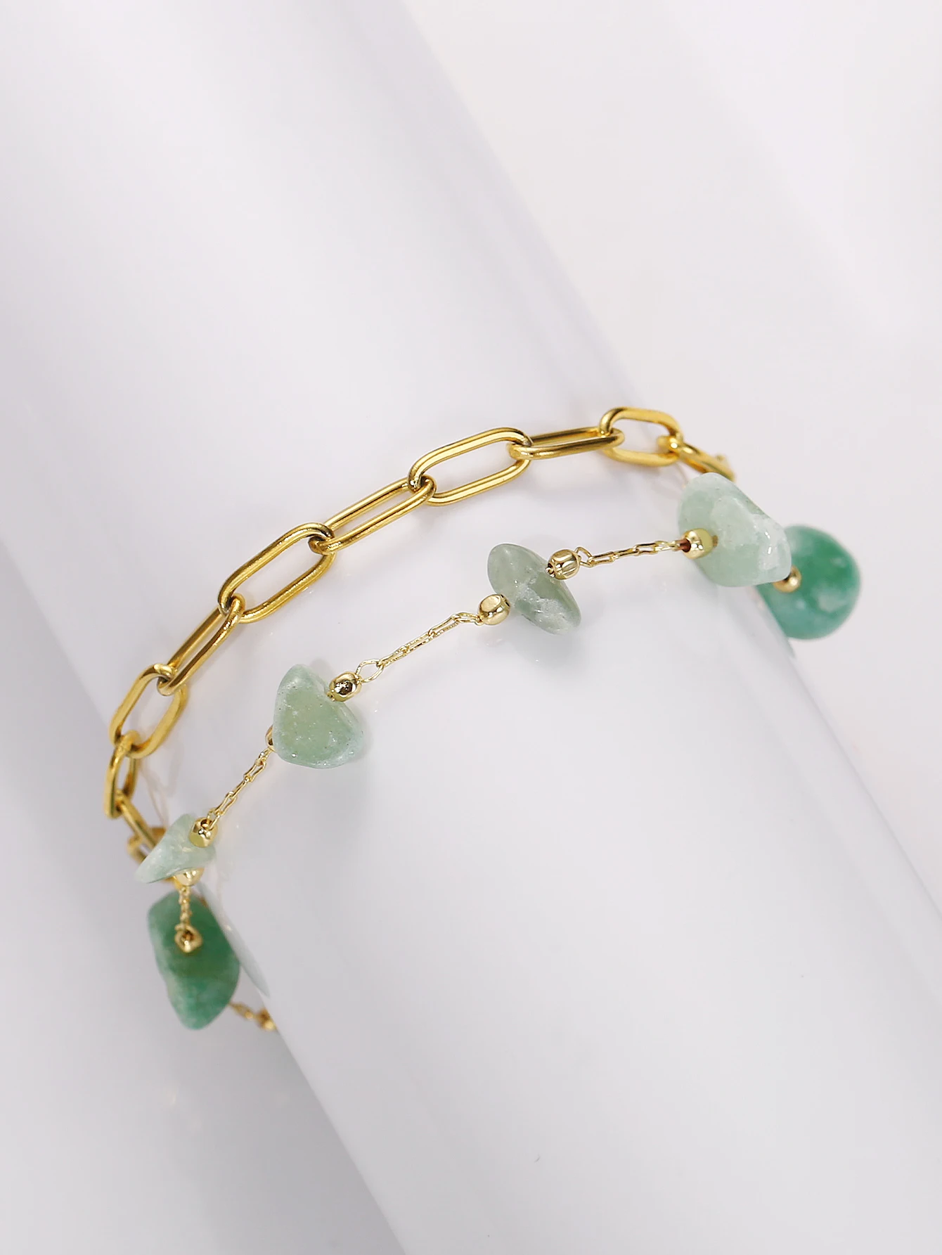 1 Bohemian Beach Fashion All-in-one Light Luxury Double green irregular stone stainless steel bracelet (stone size is not fixed)