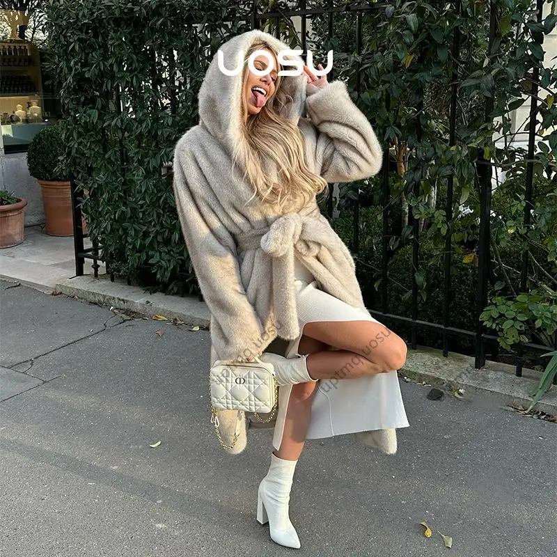 

Animal Natural Color Gradient Belted Faux Mink Fur Maxi Coat Winter Clothes Women 2024 Fashion Long Coats Vintage Parka Outwear