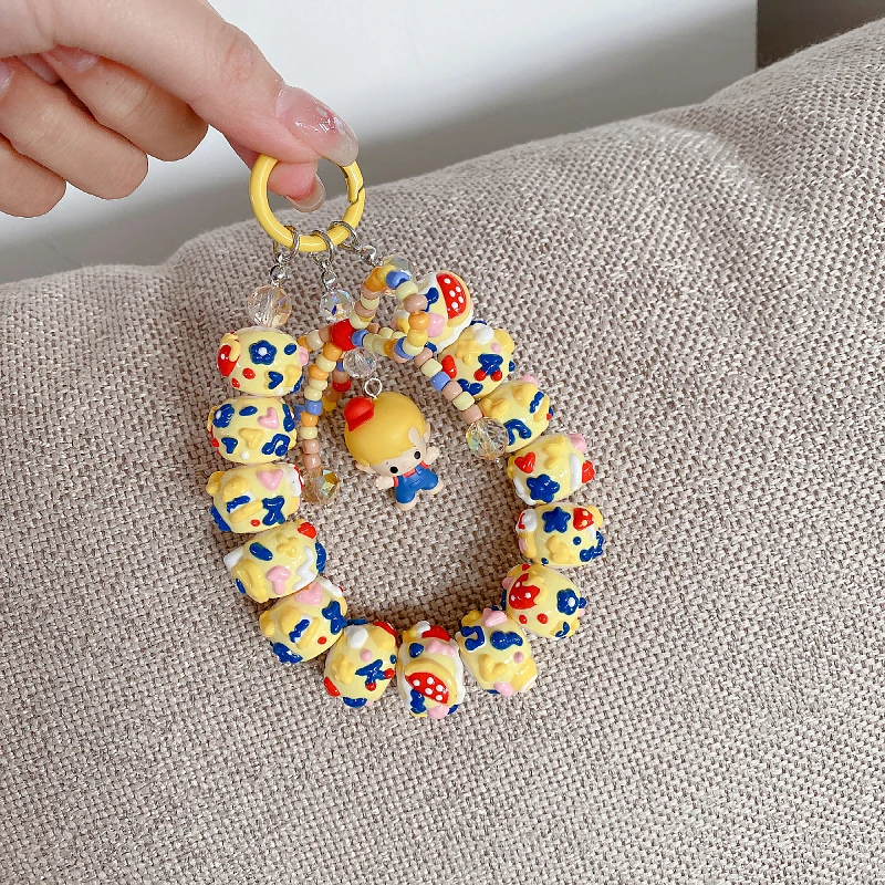 POP BEAN Diy Pucky Cute Lanyard Strap Phone Bracelet For Women Beaded Chain CellPhone Student Pendant Charm Anti-Lost Lanyard