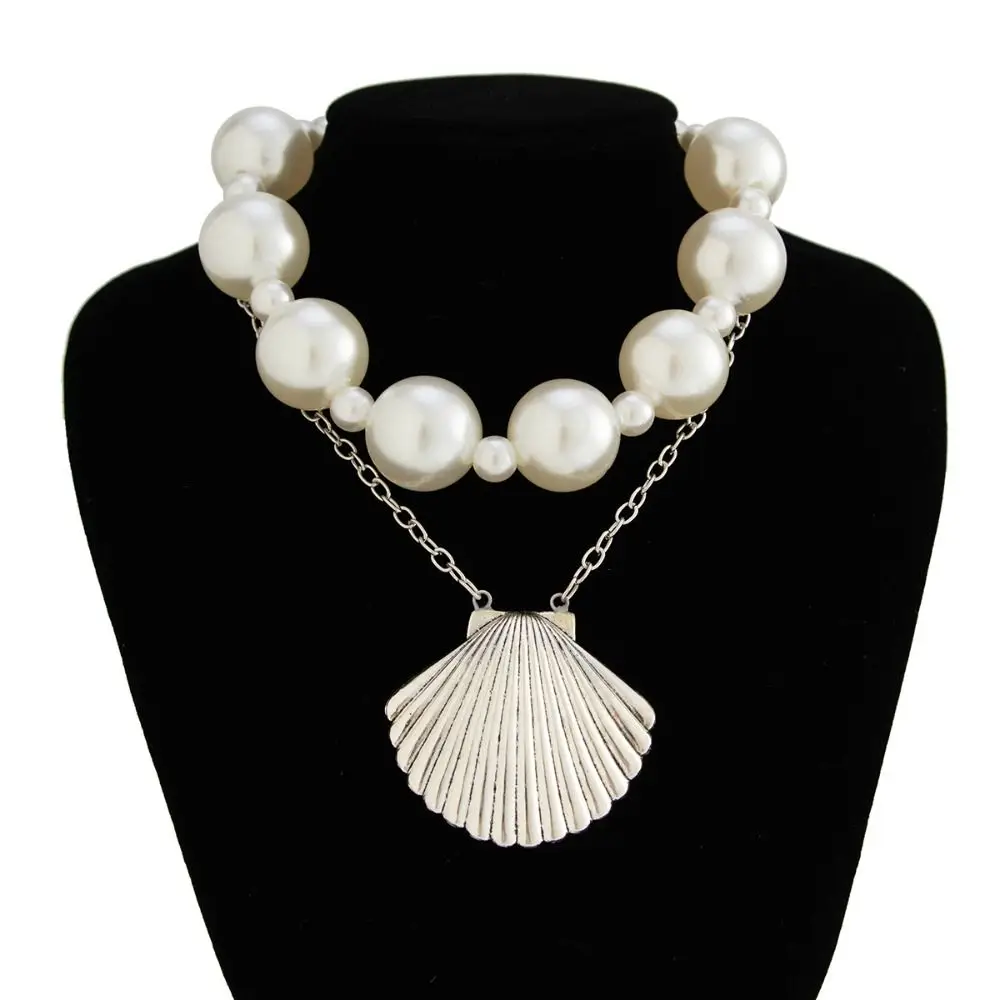 

Sweet Exaggerate Pearl Shell Necklace Elegant Neck Jewelry Pearl Beaded Necklace Double Layer Ornaments Beach Necklace Party