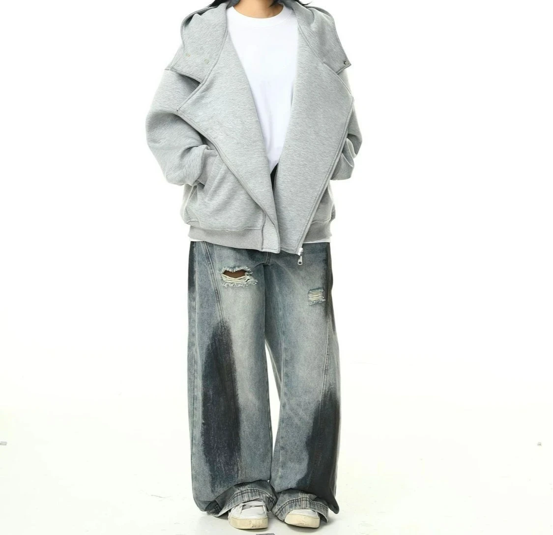 

Spring and Autumn Solid Color Functional Hooded Double Zipper Hooded Retro Thickened Sweater Jacket