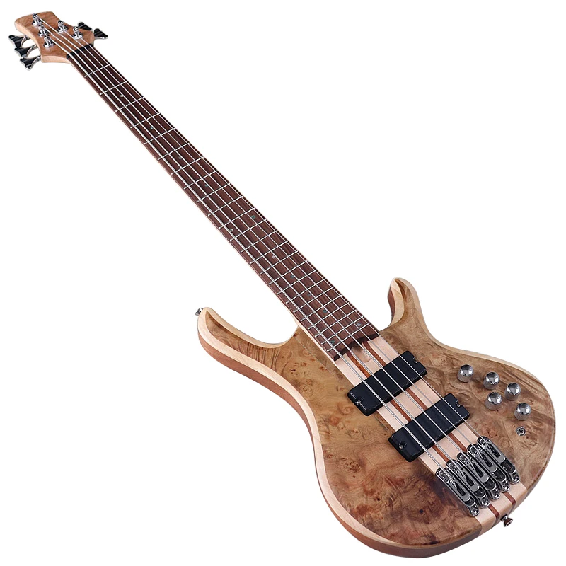 5 String Electric Bass Guitar One Piece Tree Burl Top Active Guitarra Solid Okoume Wood Body  43 Inch Bass Guitar High Grade