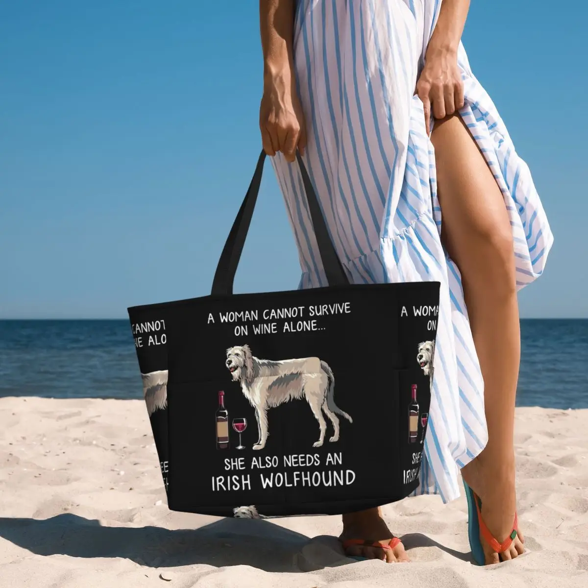 

Irish Wolfhound And Wine Funny Dog Beach Tote Bag Sport Gym Yoga Duffle Large Tote Bag Women Travel Bag Fitness bag
