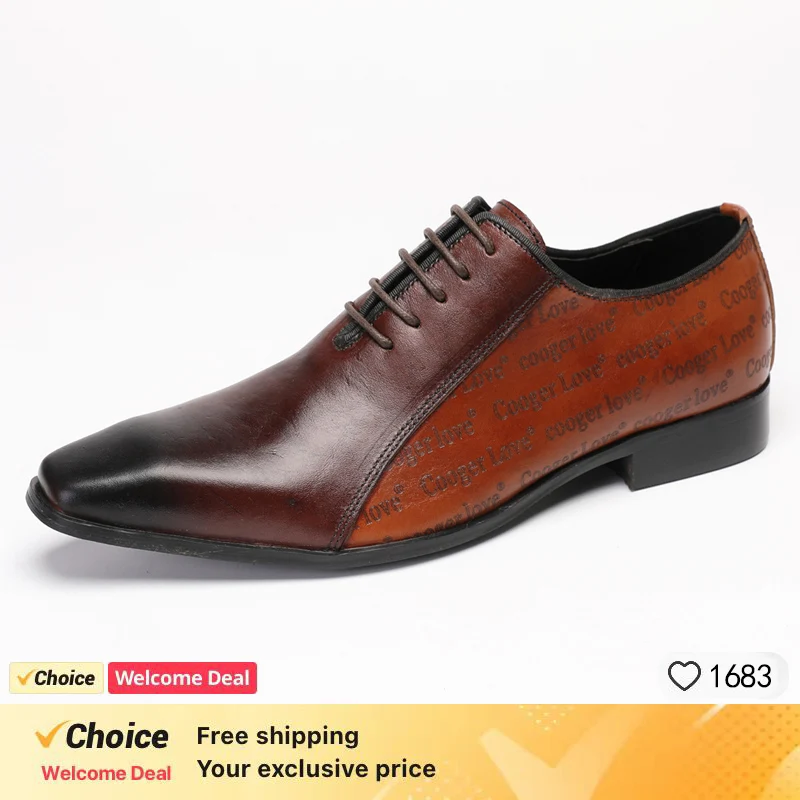 

Fashion brand men's Oxford shoes brown pointed leather lace up derby shoes men's letter printed wedding business dress shoes