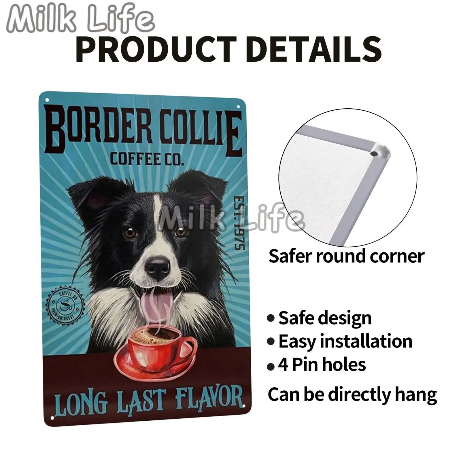 Metal Tin Sign Vintage Funny Border Collie Dog for Coffee Bathroom Toilet Pet Shop Home Sweet Home Sign Bedroom Art Wall Decor