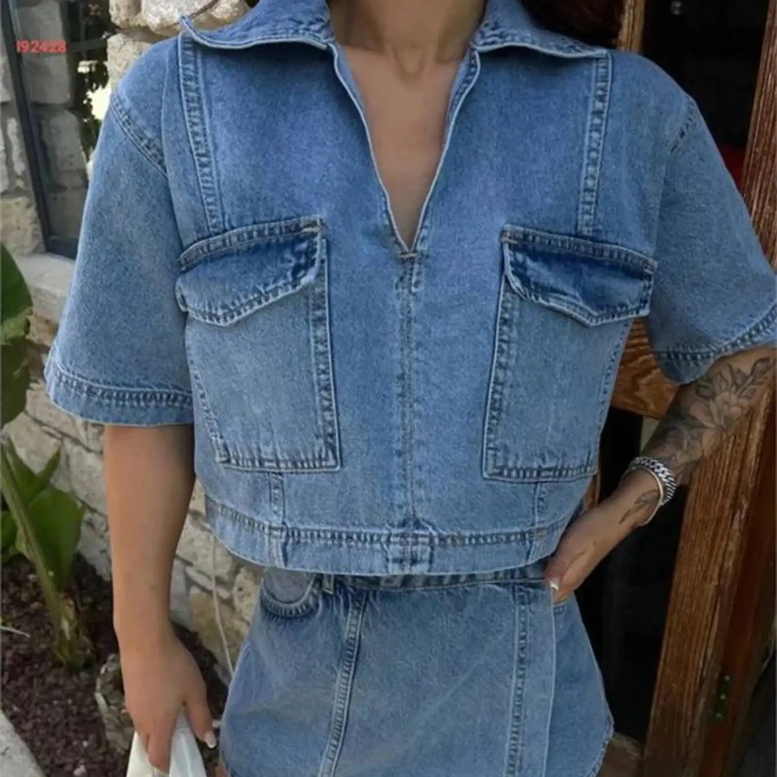 Women's 2 Piece Denim Outfits Set Short Sleeve Lapel Neck Cropped Jean Pullover Tops + Button High Waist Asymmetrical Shorts