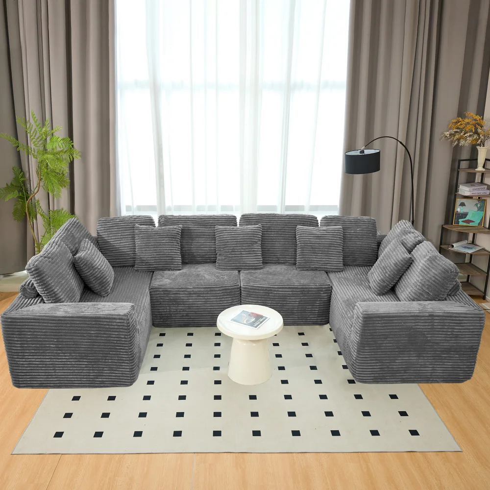 

135.5 Inch Modular U Shaped Sectional Sofa 6 Seater Reversible Chaise Lounge, Grey Striped Corduroy Fabric Freely Configurable U Couch, Large Convertible U-Shape Sofa for Living Room Apartment Home Furniture
