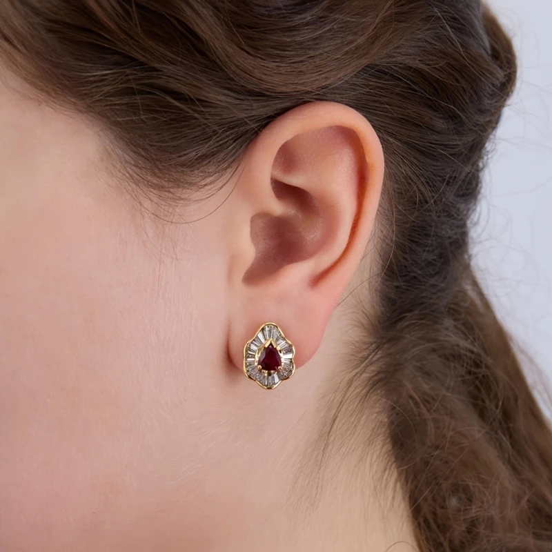 1pair Luxury Women\'s Earring Red Cubic Zirconia Wedding Anniversary Stud Earring Gift Women\'s Elegant Accessory Jewelry