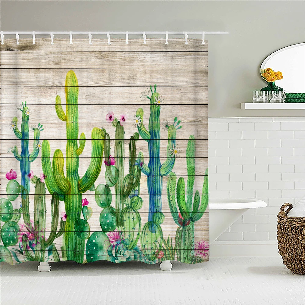 

Vintage Wooden Board Cactus Shower Curtains Polyester Fabric Tropical Plant Flowers Cacti Bathroom Screen Curtain Home Decor Set