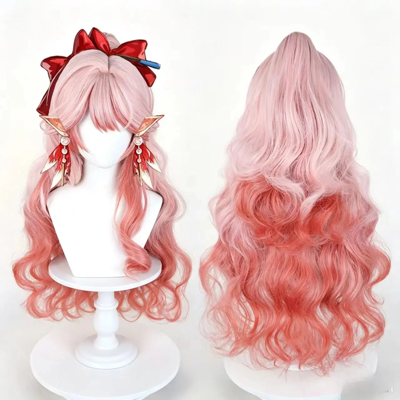 Hirono Haruka Cos Wig Arknights Pink Gradient Long Wavy Cosplay Wig High Ponytail Heat‑Resistant Synthetic Hair for Halloween