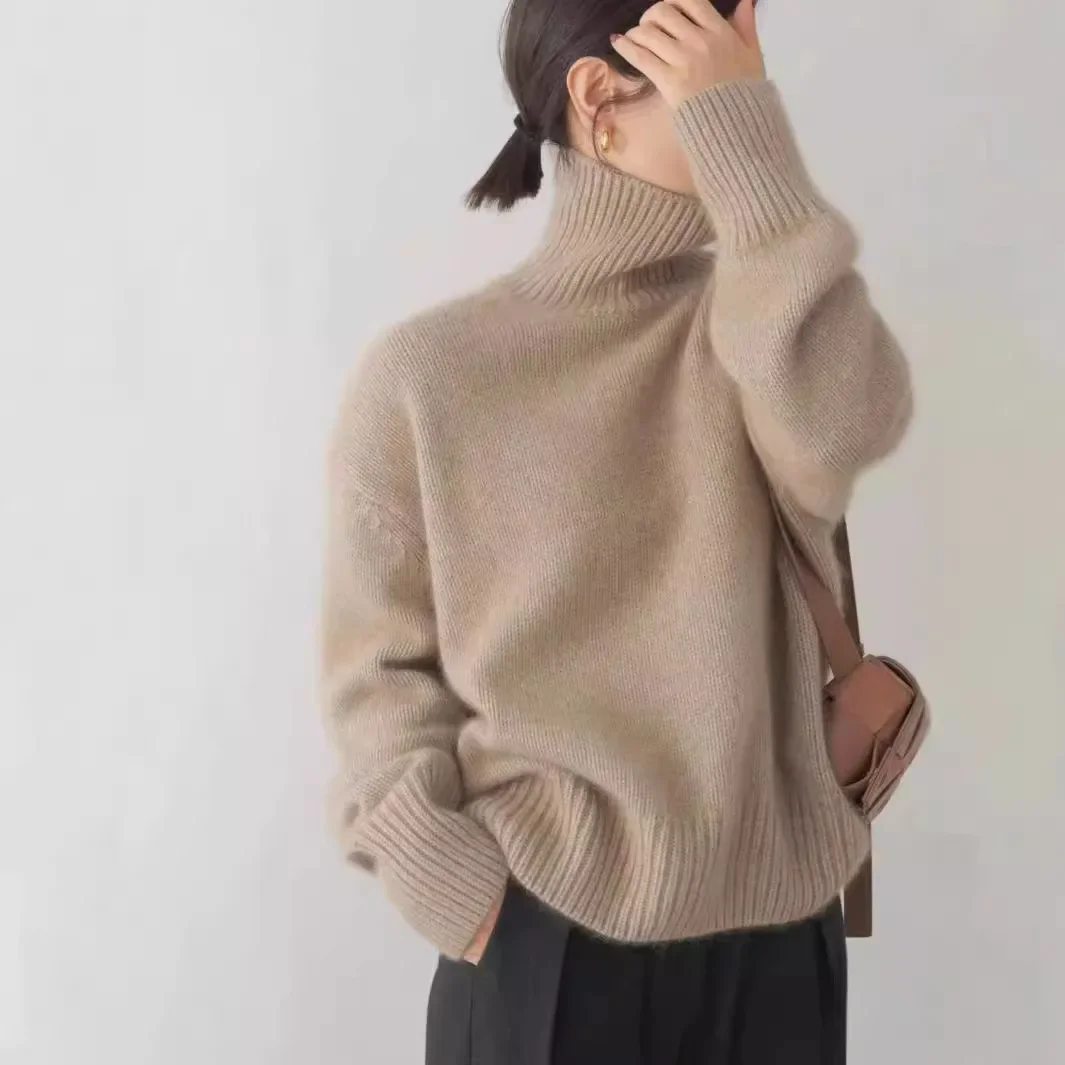 Korean Version Lazy Turtleneck Knit Sweater, Women\'s Autumn and Winter Solid Color Loose Pullover Sweater,Comfortable and Casual