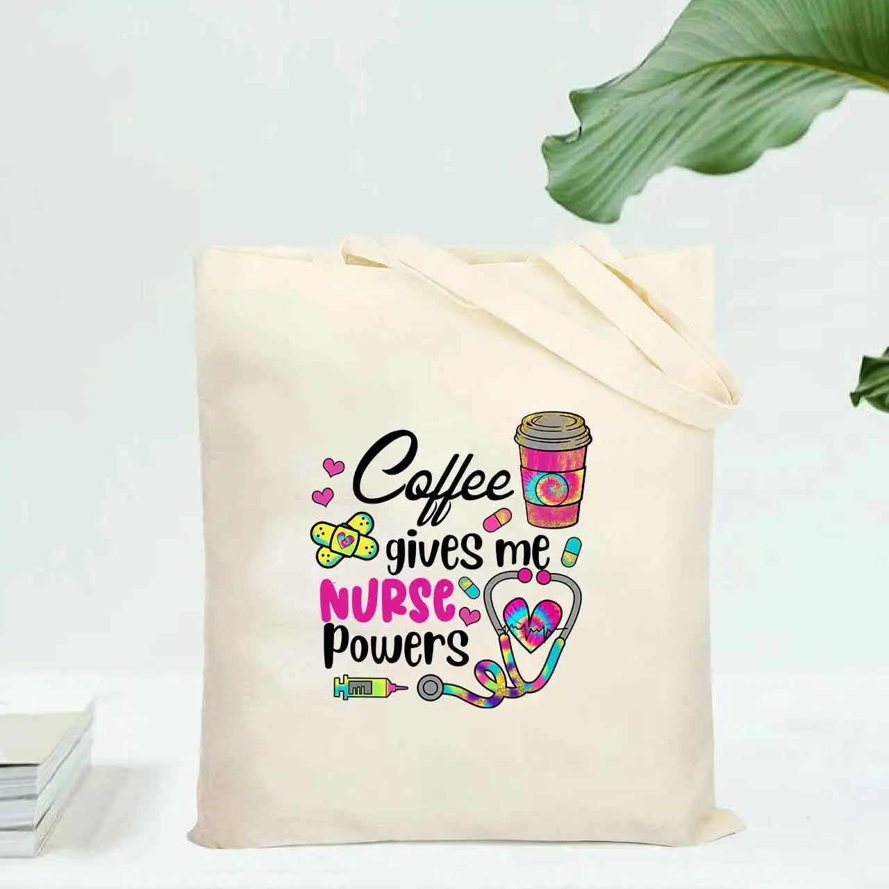 Coffee Gives Nurses Power Pattern Shopping Bags Women Reusable Recycle Bag Canvas Shopping Bags Handbag Gifts For Nurses