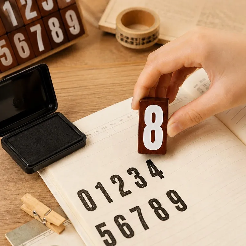 0‑9 Wooden Number Stamp, Retro Color DIY Alphabet Number Seal for Scrapbooking Journal Planner Card Making Handmade Craft
