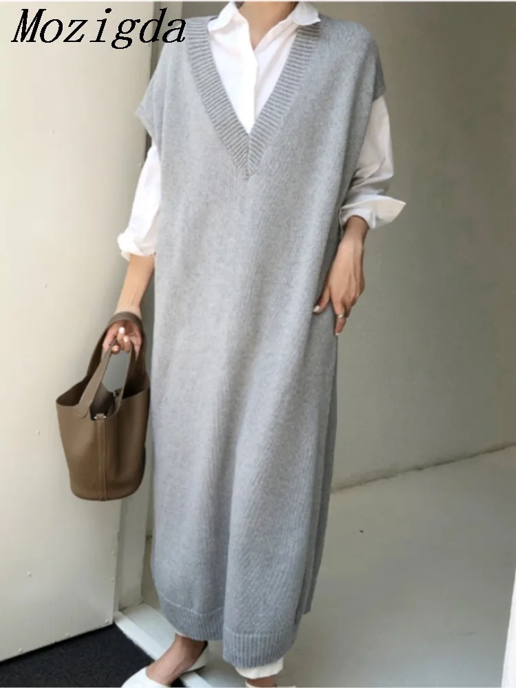 Chic Casual Winter Oversize Straight Sleeveless Sweater Dress Women Thick Knit Long Dress Female Knitted Vest Dress