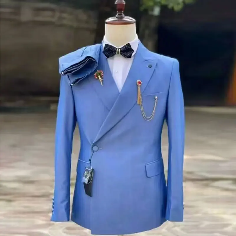 Traje de un solo pecho para hombre, chaqueta y pantalones con solapa de pico, esmoquin azul elegante para padrinos de boda, traje ajustado, 2024