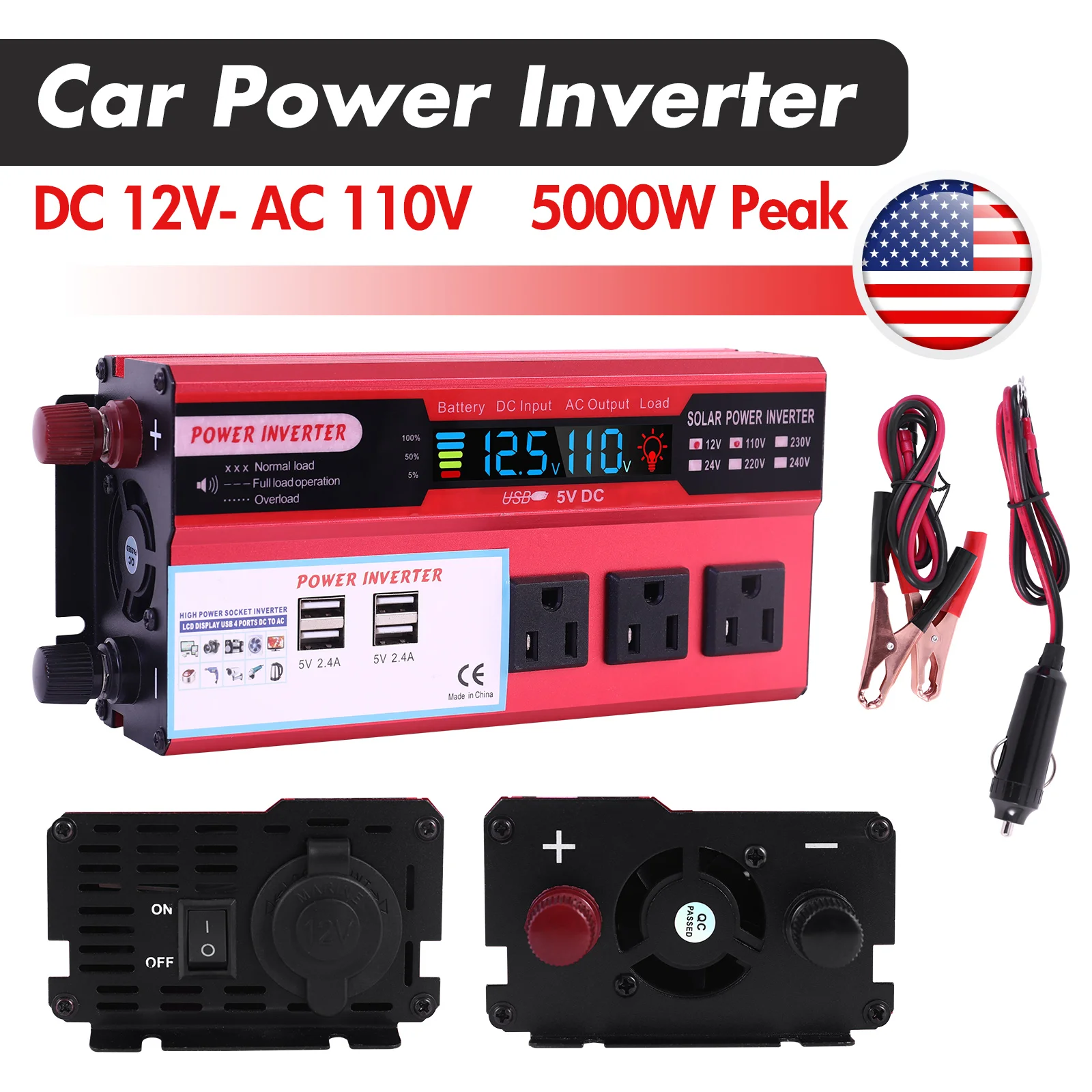 5000W Car Converter Power Inverter DC 12V To AC 110V Converter LCD 4 USB Ports and 110V AC Outlet Cigarette Lighter Battery