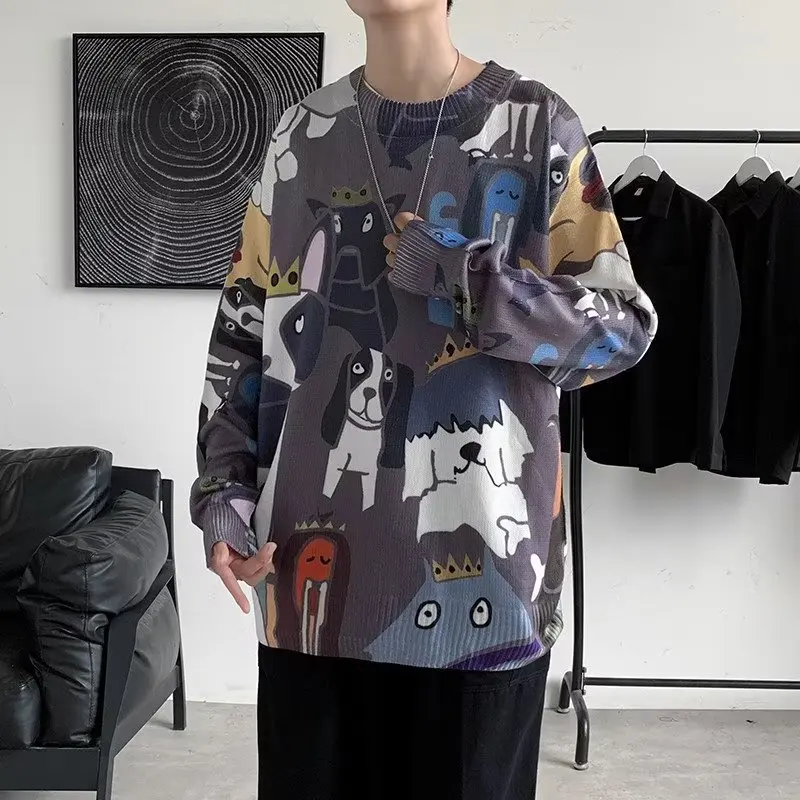 

Loose Fit Men's Knitted Sweater round Ne Print Oversized 250 Pou New Sle Autumn Winter Lazy Sle Vintage Coat Jaet