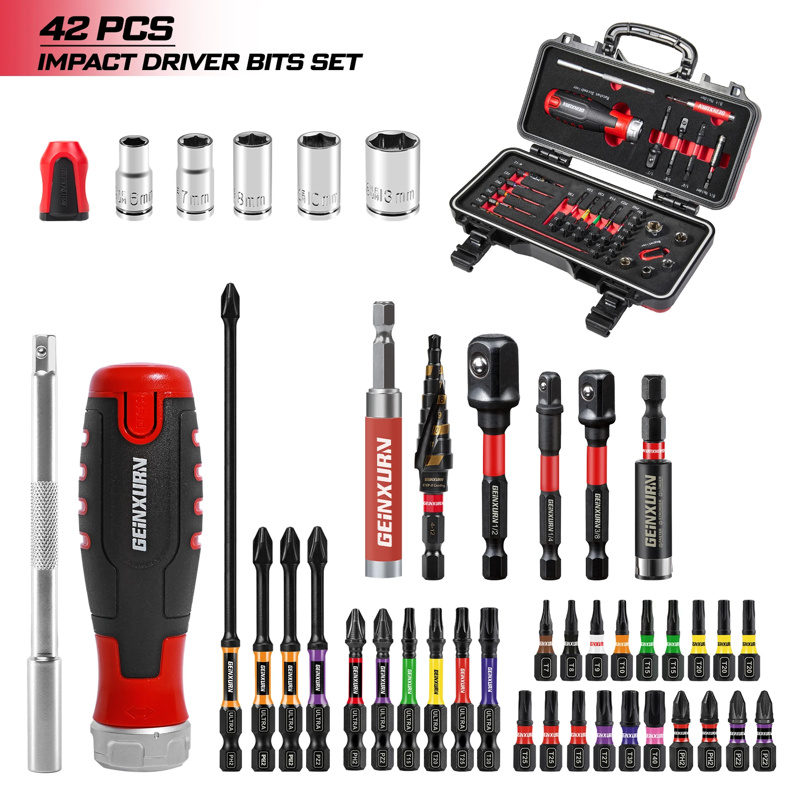 GEINXURN 42-Piece Impact Screwdriver Bit Set, S2 Steel Magnetic Screwdriver Bits, Ratchet Screwdriver，Motorcycle Repair Tools