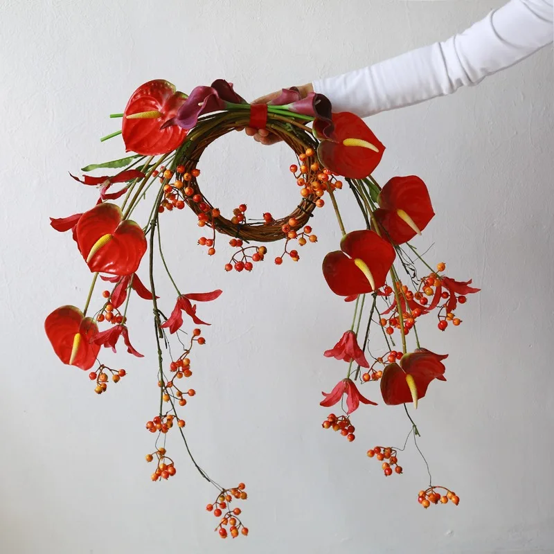 New Chinese wedding photo retro red dress bridal anthurium leaf bouquet yellow berry hand wreath calla lily