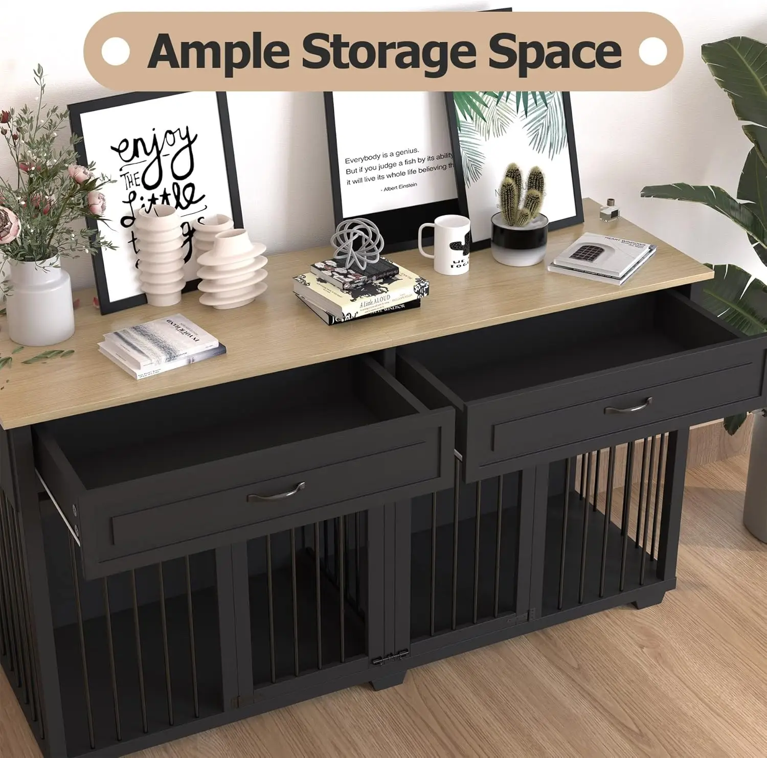 أثاث صندوق الكلاب، بيت كلب خشبي كبير عالي التحمل مقاس 72 بوصة مع أدراج ومقسم، صندوق كلب على شكل أثاث داخلي