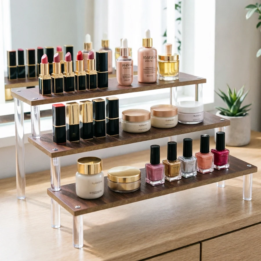 1-4 Tier Step Shelf Organizer Wood Display Stand for Cosmetics Perfume Countertop Storage Rack for Dressing Table Glass Cabinet