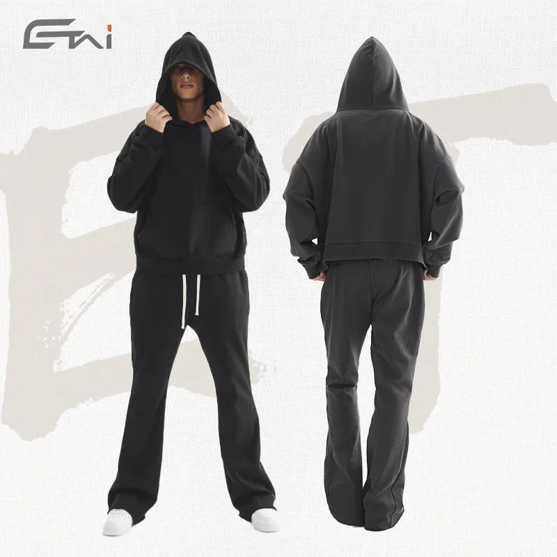 

Мужской однотонный свободный короткий укороченный свитшот премиум-класса, осенне-зимний уличный комплект, тяжелые хлопковые брюки-клеш, наряд