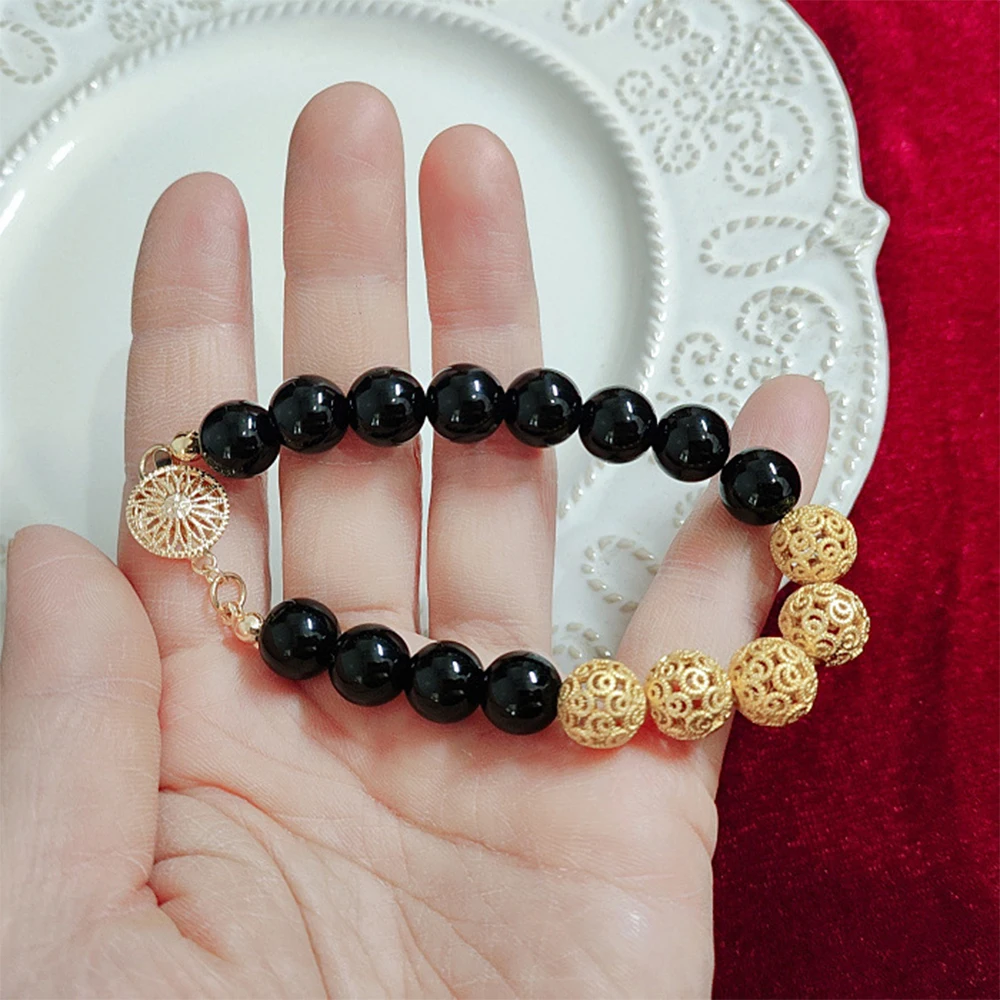 Conjunto de collar y pulsera de bola de cobre de ágata negra Vintage para mujer, conjuntos de joyería para niña, moda para mujer