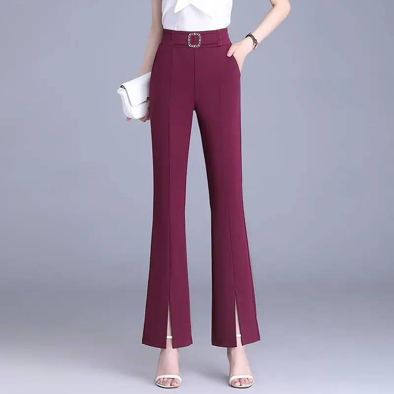 

Temperament Versatile Summer Casual Open Micro Flare Suit Pants Women's Solid Elastic High Waist Pocket Straight Trouser E4719