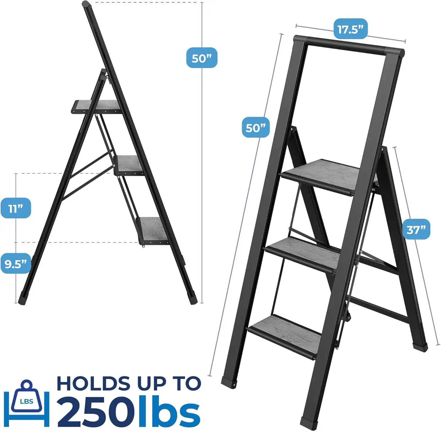 

Step Ladder 3 step folding, decorative - Beautiful Gray Wood & Black Slim Profile, Anti Slip Steps, Sturdy-Portable for Home