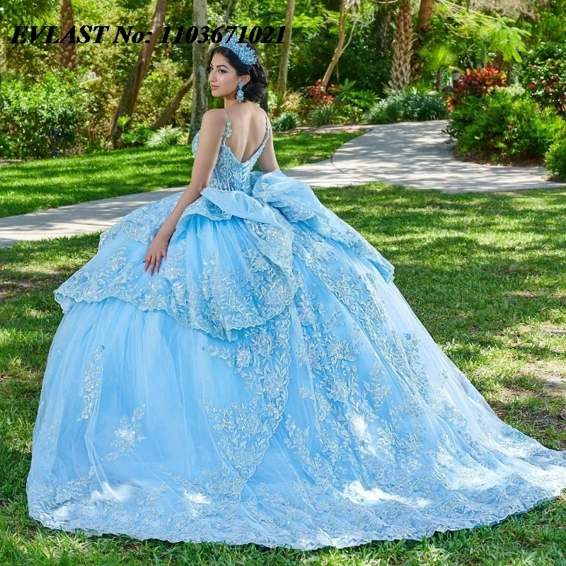 EVLAST Customized Sky Blue Shiny Quinceanera Dress Lace Applique Beading Bow Cape Ball Gown Sweet 16 Vestidos De 15 Anos SQ722