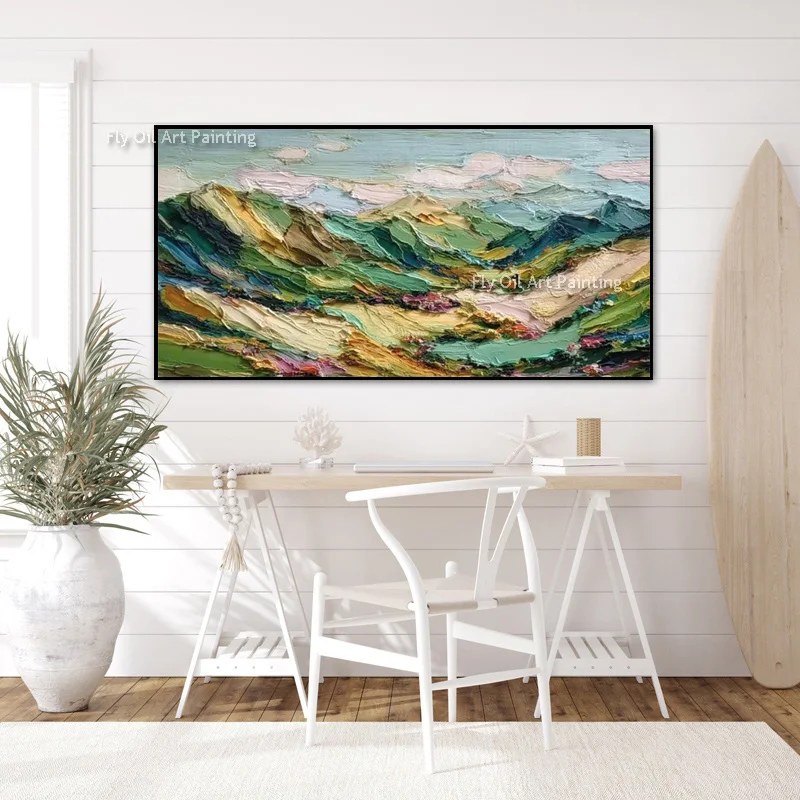 Original Green Brown Mountains Landscape Canvas Thick Artwork Hand Painted Red And Blue Points Simple Oil Painting Decor