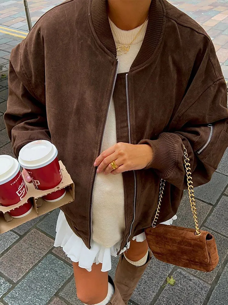 Women Fashion Brown Suede Bomber Short Jacket O-neck Long Sleeve Zipper Pockets Coat 2024 Autumn Warm Lady Street Outwear