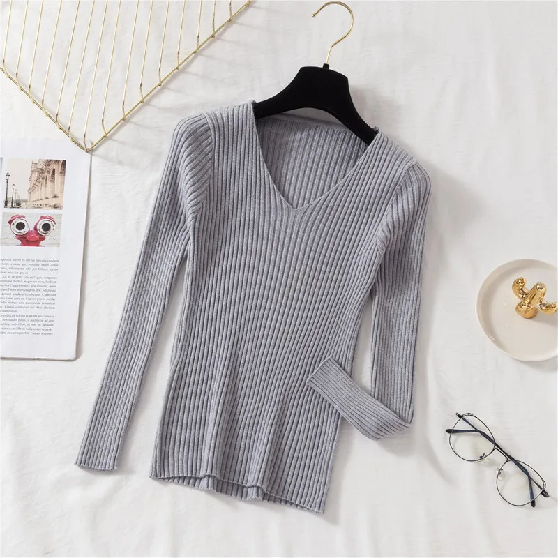 

Pullover Knitted V-Neck Solid Casual Basic Soft Slim Women's Sweater Korean Fashion Jumpers Long Sleeve Female Sweaters Tops