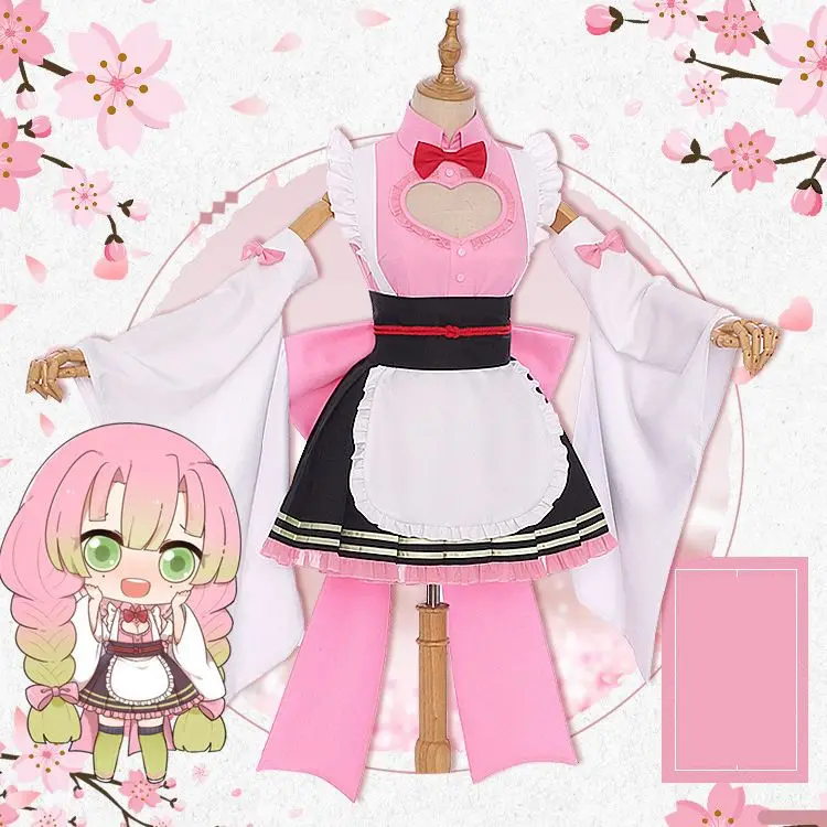 Demon Slayer Mitsuri Kanroji Maid Cosplay Kostüm Love Hashira Anime Lolita Fancy Dress Halloween Party Outfit für Frauen Mädchen