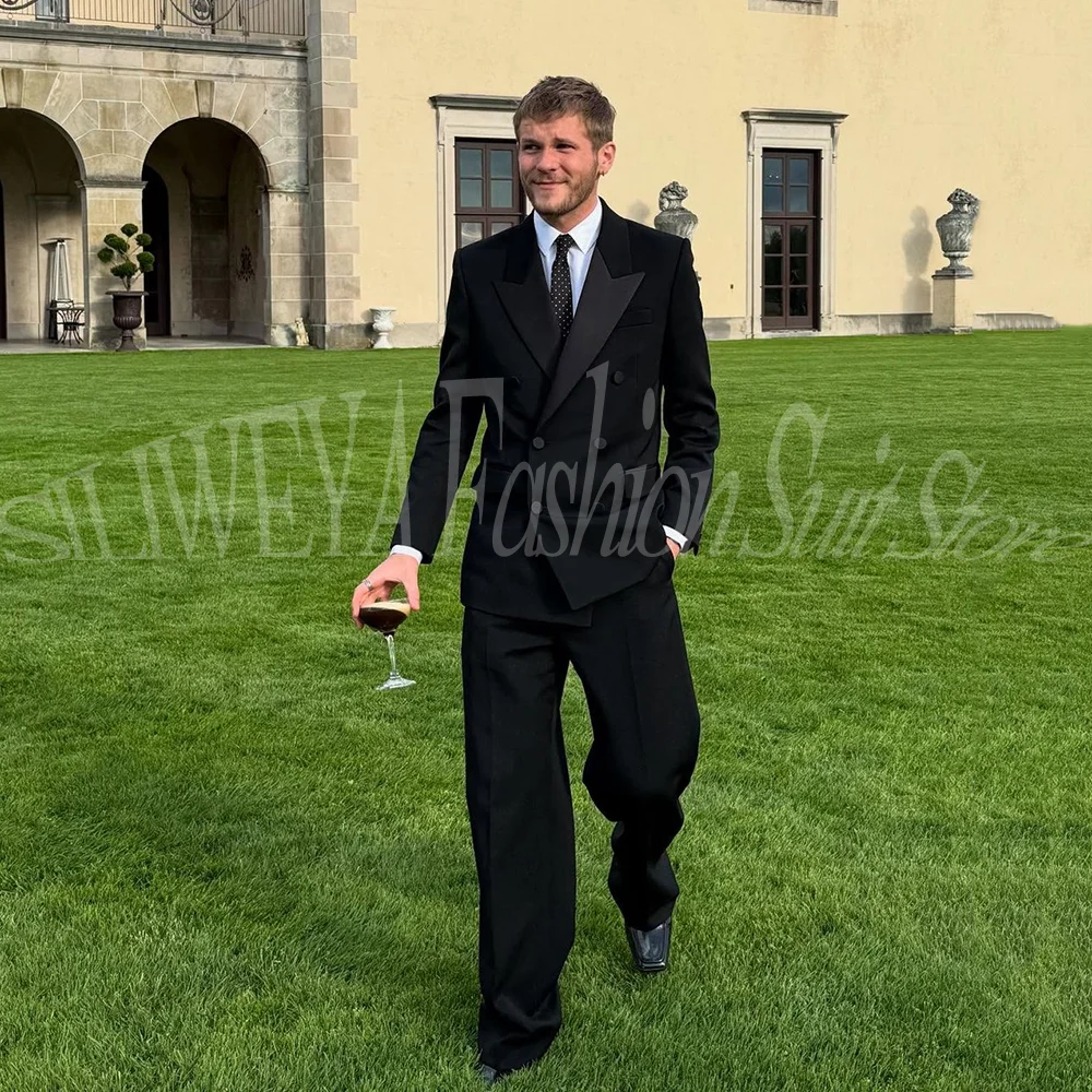 

Black Double Breasted Men Suit Jacket Wide Leg Pants 2 Piece Set Elegant Formal Business Wedding Tuxedos Casual Blazer Outfit