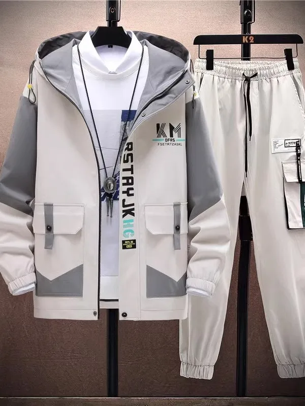 

Spring Autumn Men's Jacket Set Trendy Letter Splicing Hooded Two-Piece Suit for Teenage Students Workwear Fashionable Ensemble