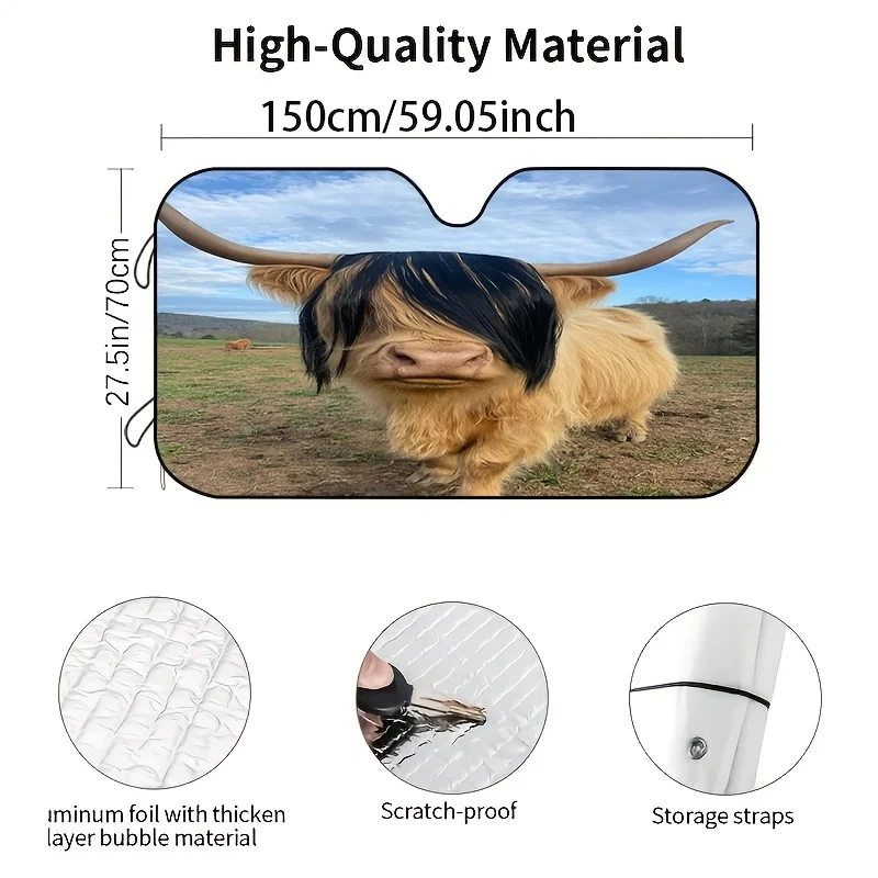 1pc Black Bangs Highland Cow Pattern Car Windshield Sunshade, All-Season Sunshield To Relieve Heat, Storage Does Not Occupy Spac