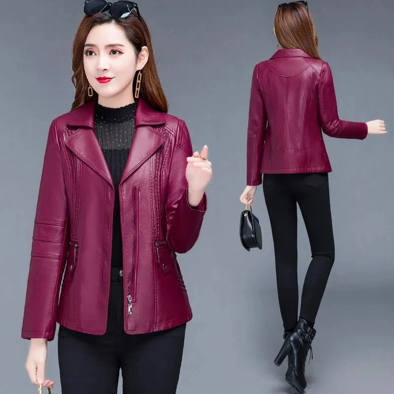 XL-6XL Women Leather Jacket Spring Autumn New Fashion Women Pu Leather Coat Lady Faux Leather Black Zipper Motorcycle Coat Y1070