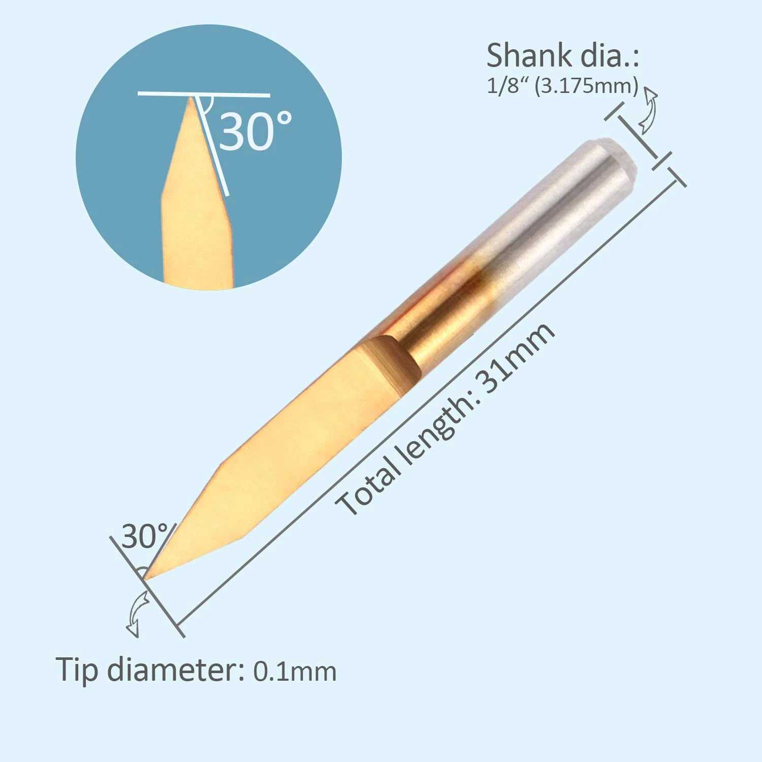 Brocas de grabado PCB de carburo de fondo plano recubierto de titanio, punta de 0,1mm, 30 grados, 10 piezas, enrutador CNC en forma de V, herramienta de corte